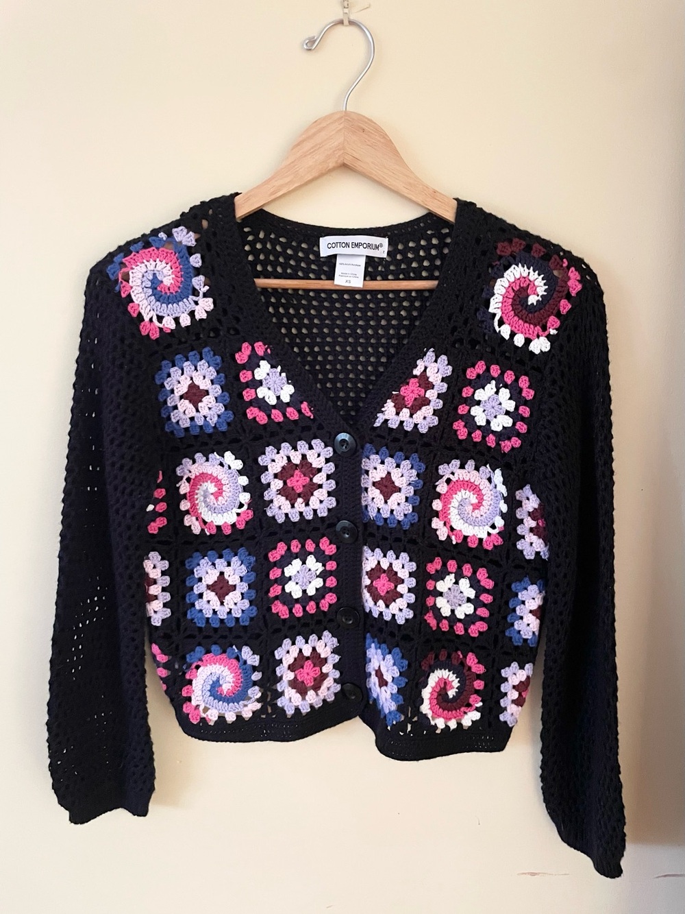 Cotton Emporium Black Crochet Cardigan with Pink & Purple Accents